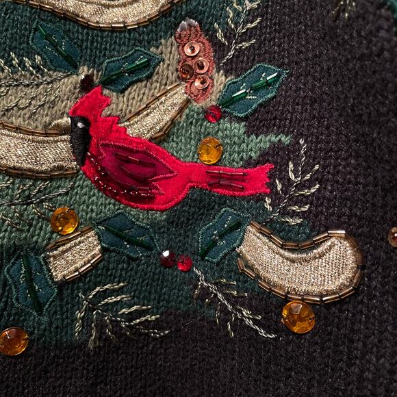 Tiara International L Christmas Cardinals Sweater | Beaded Embellished Holiday - Picture 4 of 7